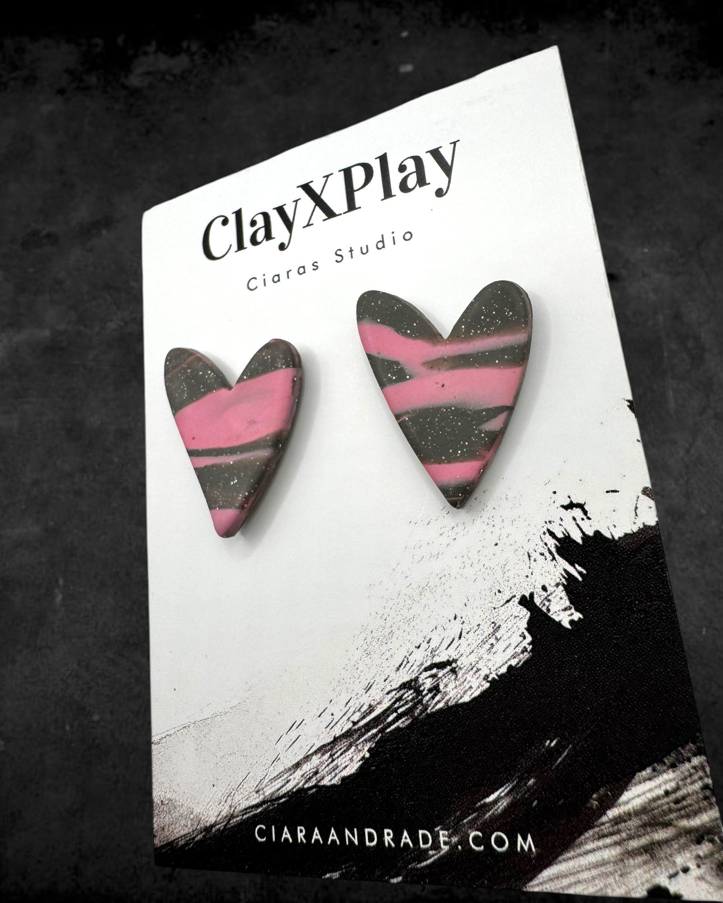 Pink & Gray Marbled Heart Handmade Polymer Clay Stud Earrings