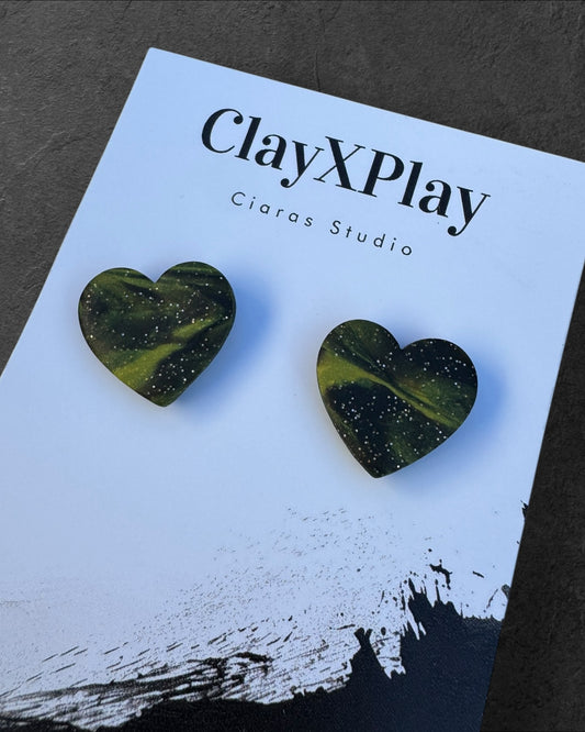Marbled Black & Green Medium  Clay Heart Stud Earrings  Handmade