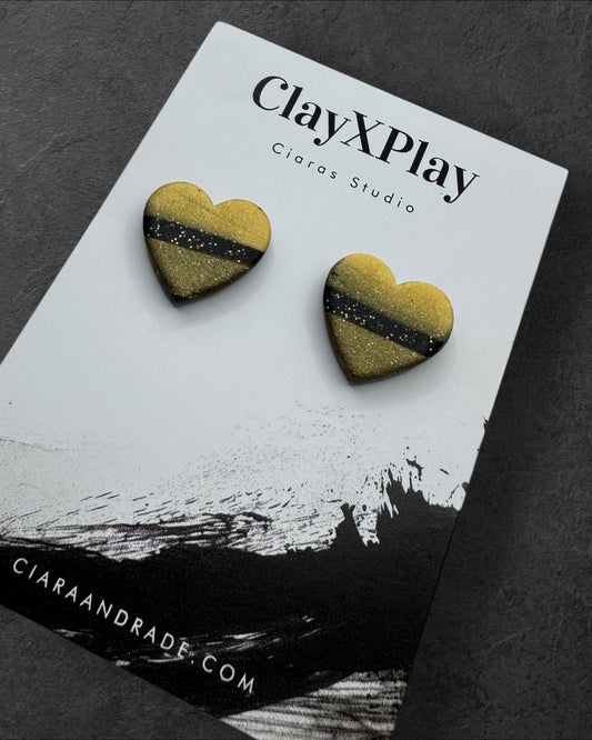 Black & Gold Polymer Clay Heart Stud Earrings Medium Handmade