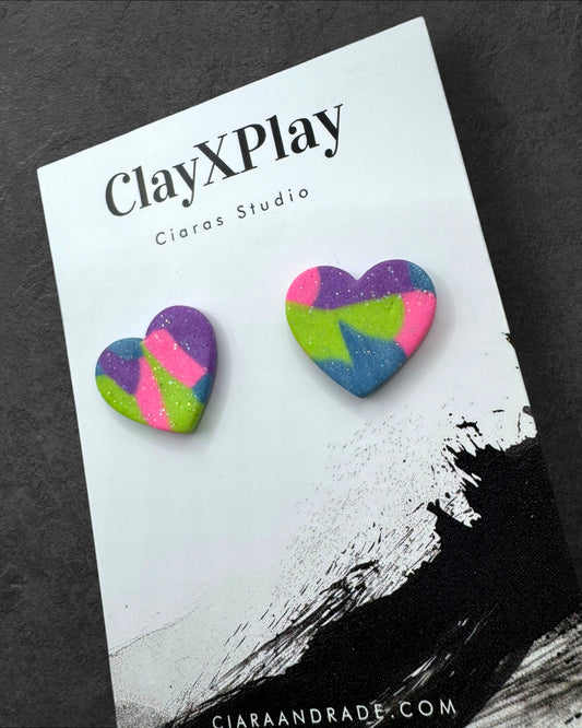 Multi Color Purple Green Blue Heart Clay Stud Earrings Handmade Handcrafted