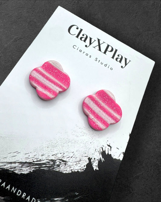 Pink and White Striped Flower Polymer Clay Stud Earrings Handmade Handcrafted