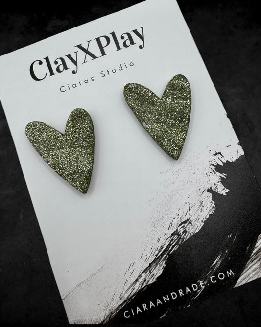 Green Glitter Large Green Polymer Clay Heart Stud Earrings Handmade