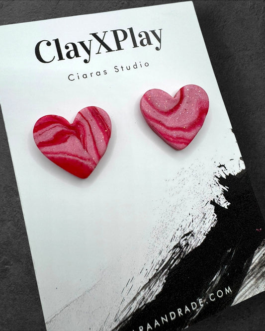 Pink & Red Medium Polymer Clay Heart Studs Handmade