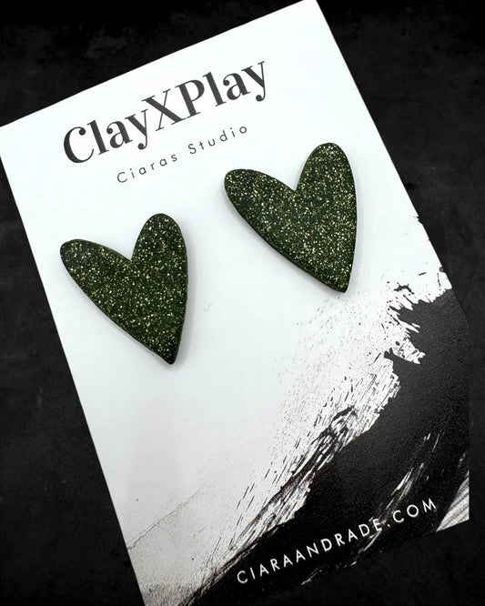 Green Glitter Large Green Polymer Clay Heart Stud Earrings Handmade