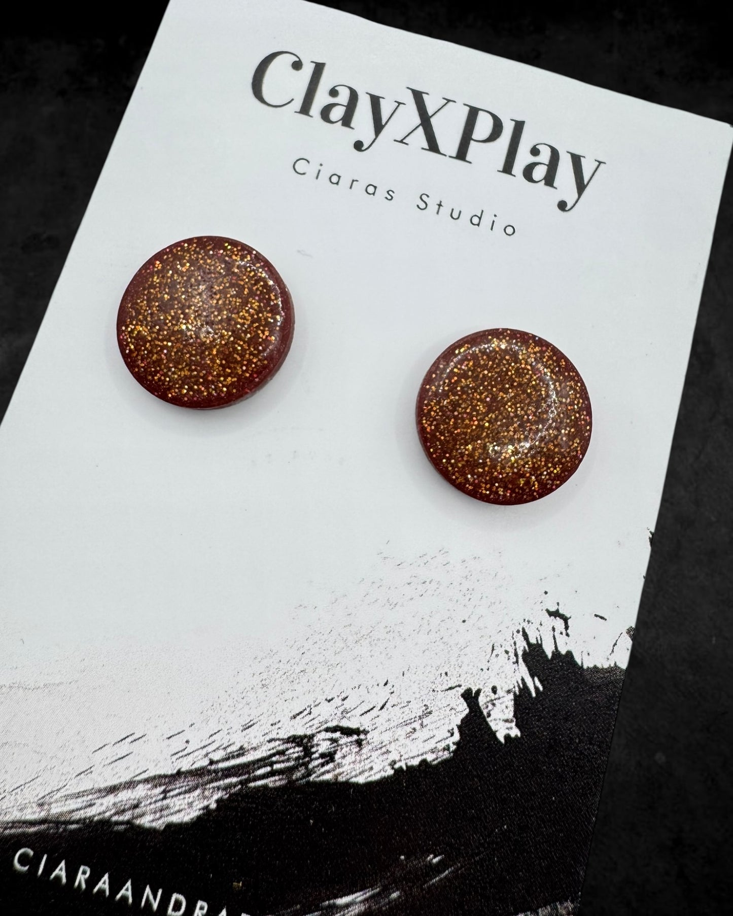 Red Bronze Glitter Large Round Polymer Clay Stud Earrings Handmade