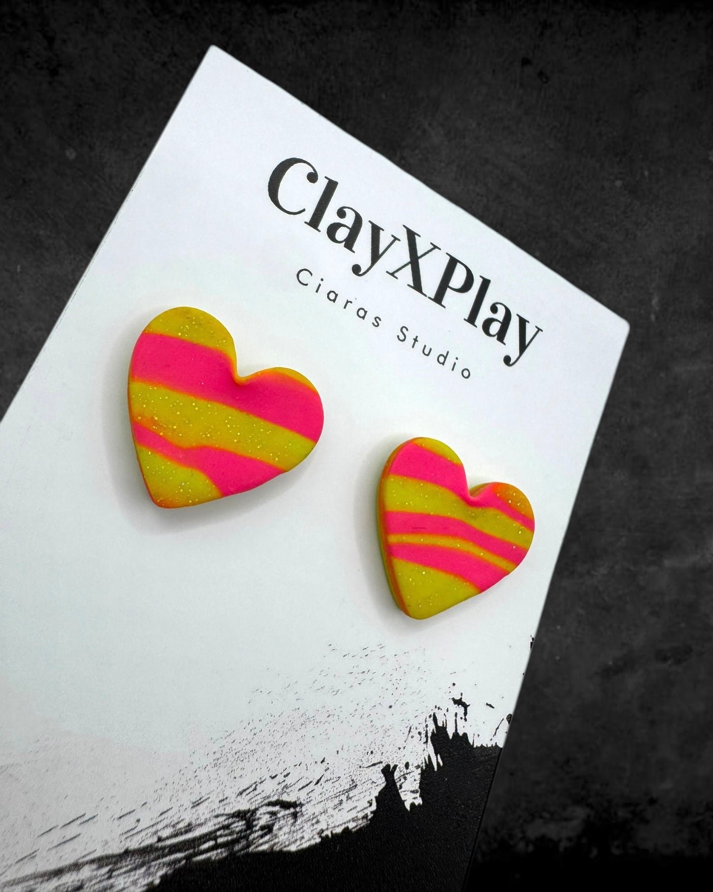 Pink & Yellow Medium Polymer Clay Heart Studs Handmade