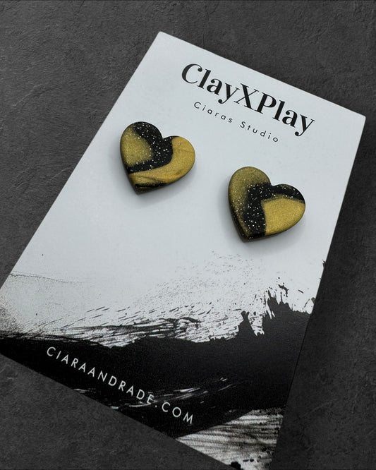 Black & Gold Polymer Clay Heart Stud Earrings – Medium Handmade
