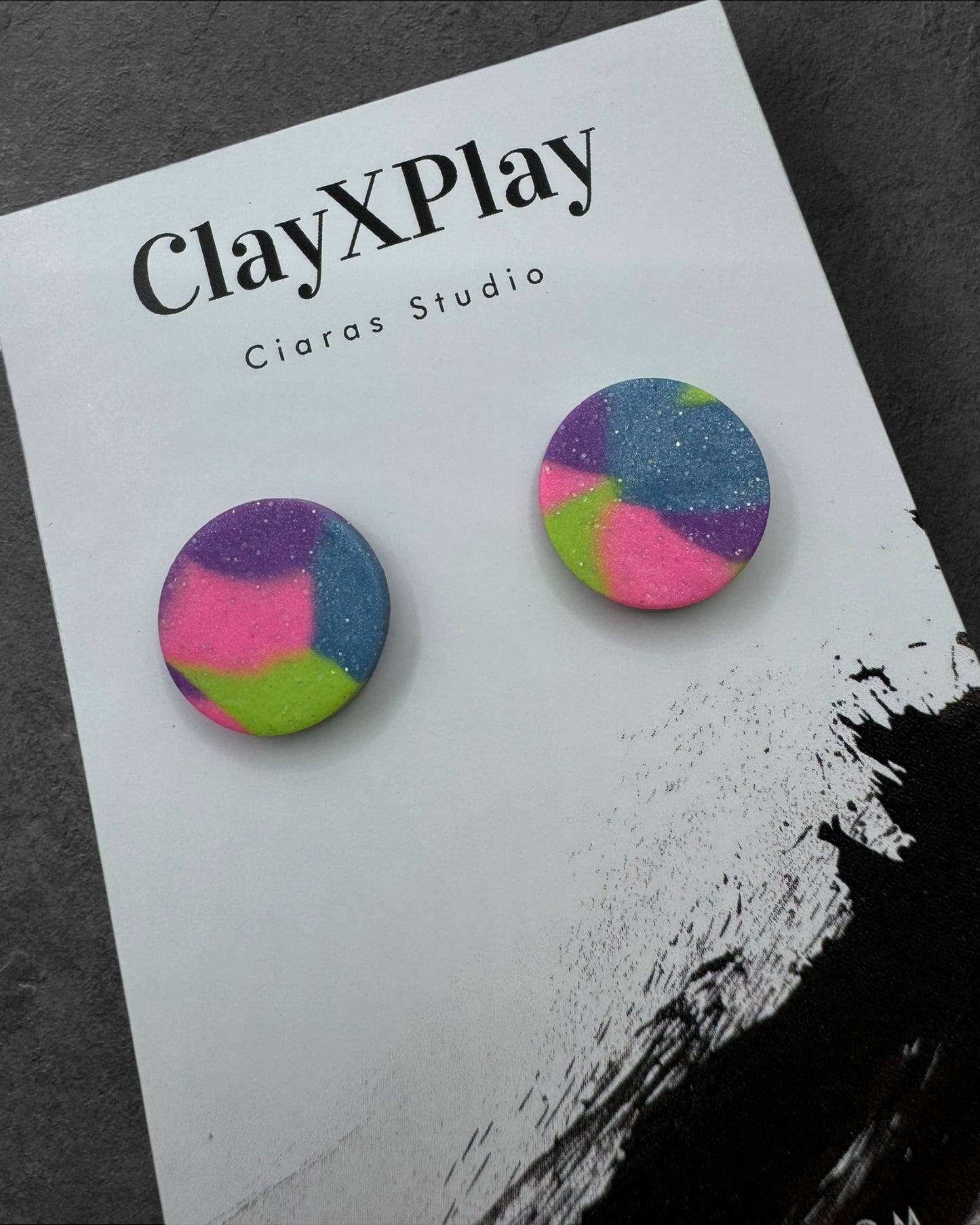 Multi Color Purple Green Blue Round Clay Stud Earrings Handmade Handcrafted