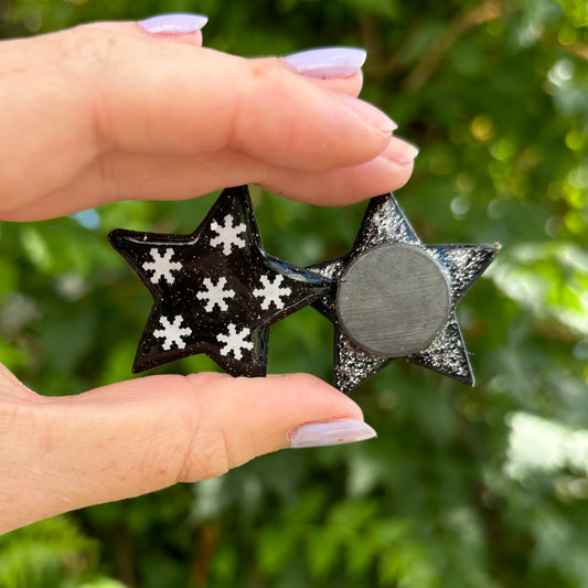 Snowflake Winter Black Polymer Clay Star Magnet Handmade Decor