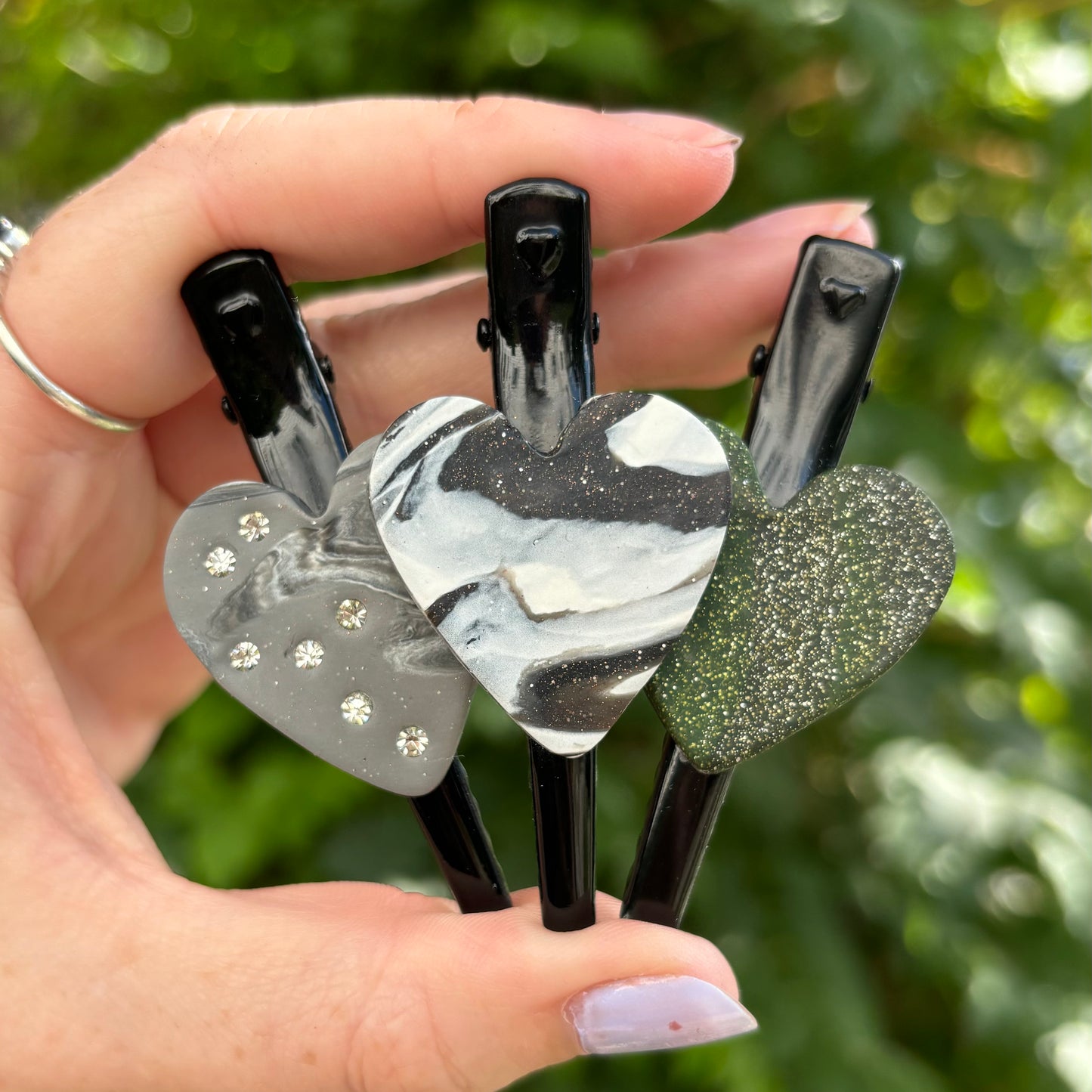 Green Glitter Polymer Clay Heart Hair Clip – Handmade Hair Accessory