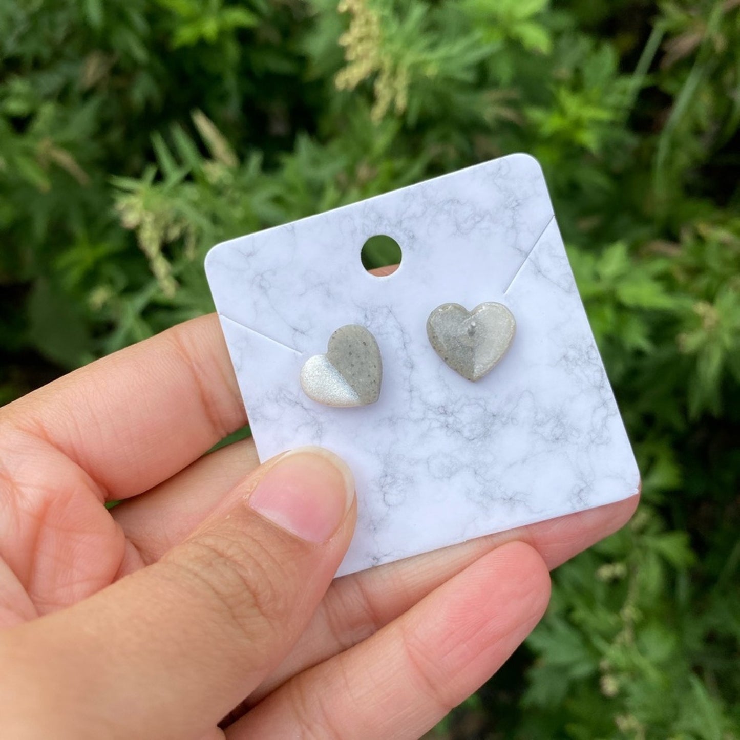 White & Gray Small Heart Polymer Clay Stud Earrings Handmade