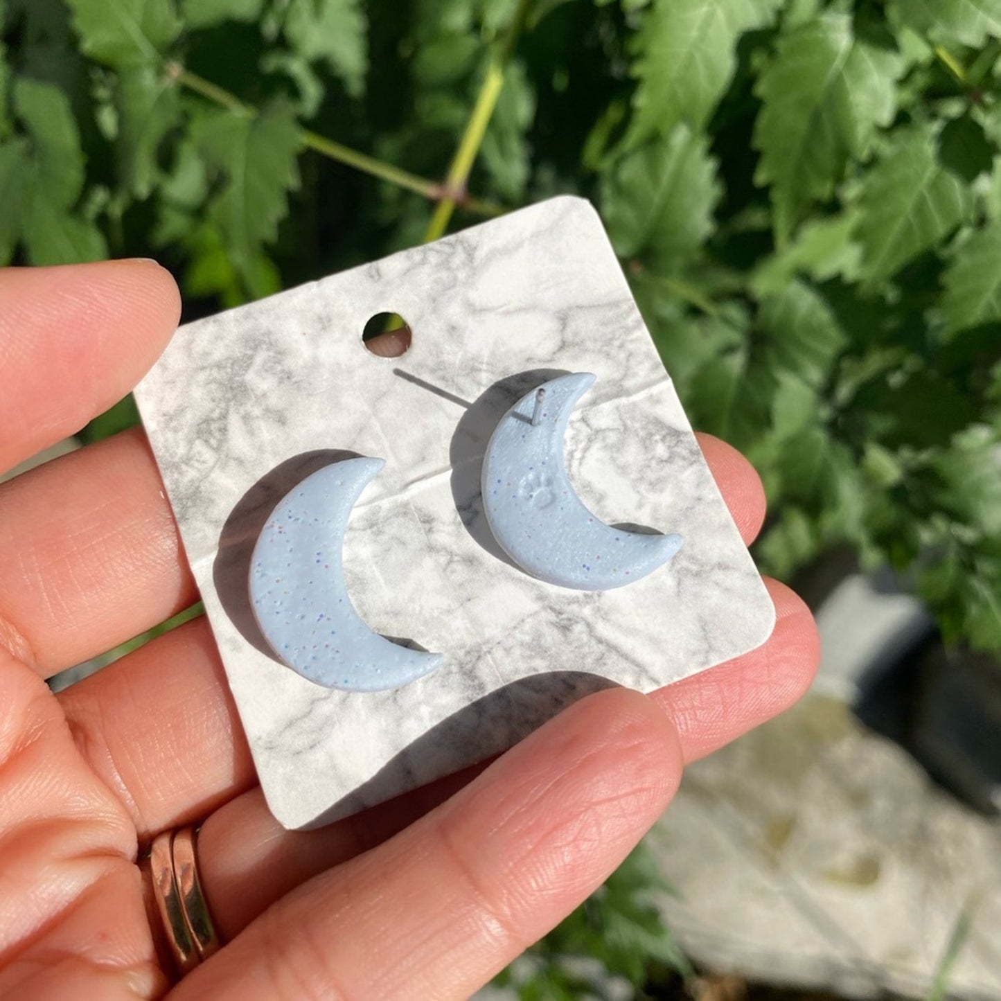 Powder Blue Glitter Moon Polymer Clay Stud Earrings Handmade