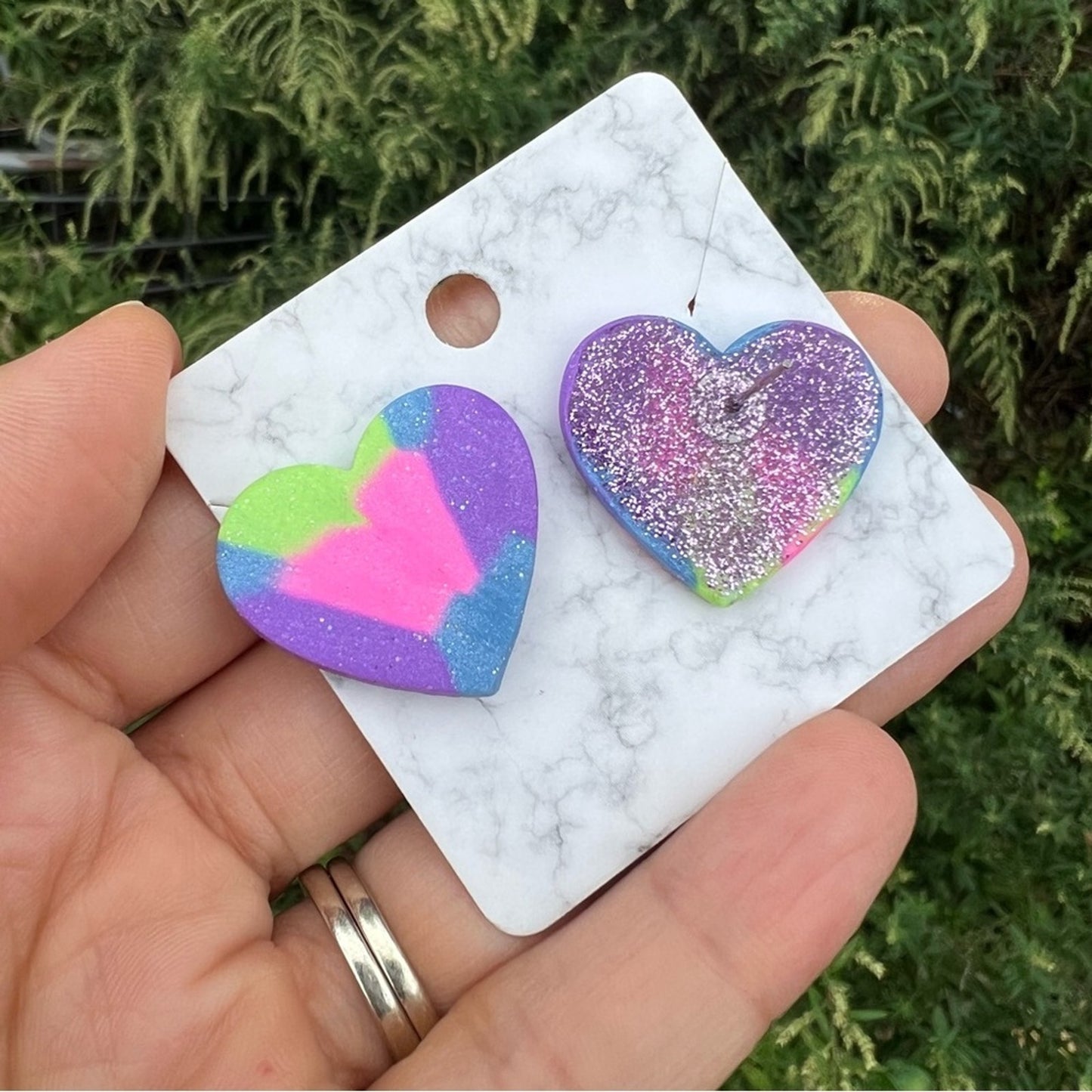 Multi Color Purple Green Blue XL Heart Clay Stud Earrings Handmade Handcrafted
