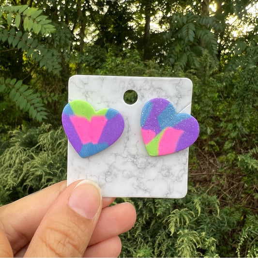 Multi Color Purple Green Blue XL Heart Clay Stud Earrings Handmade Handcrafted