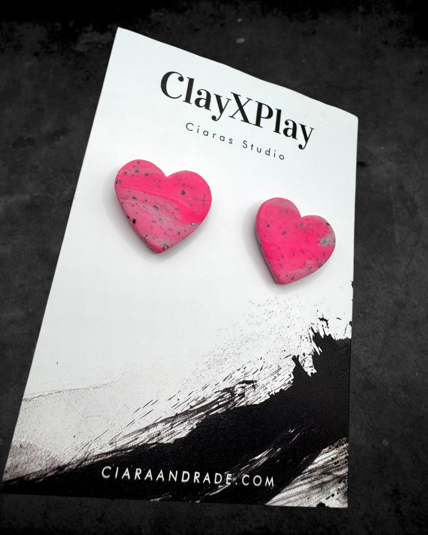 Pink & Gray Medium Polymer Clay Heart Studs Handmade