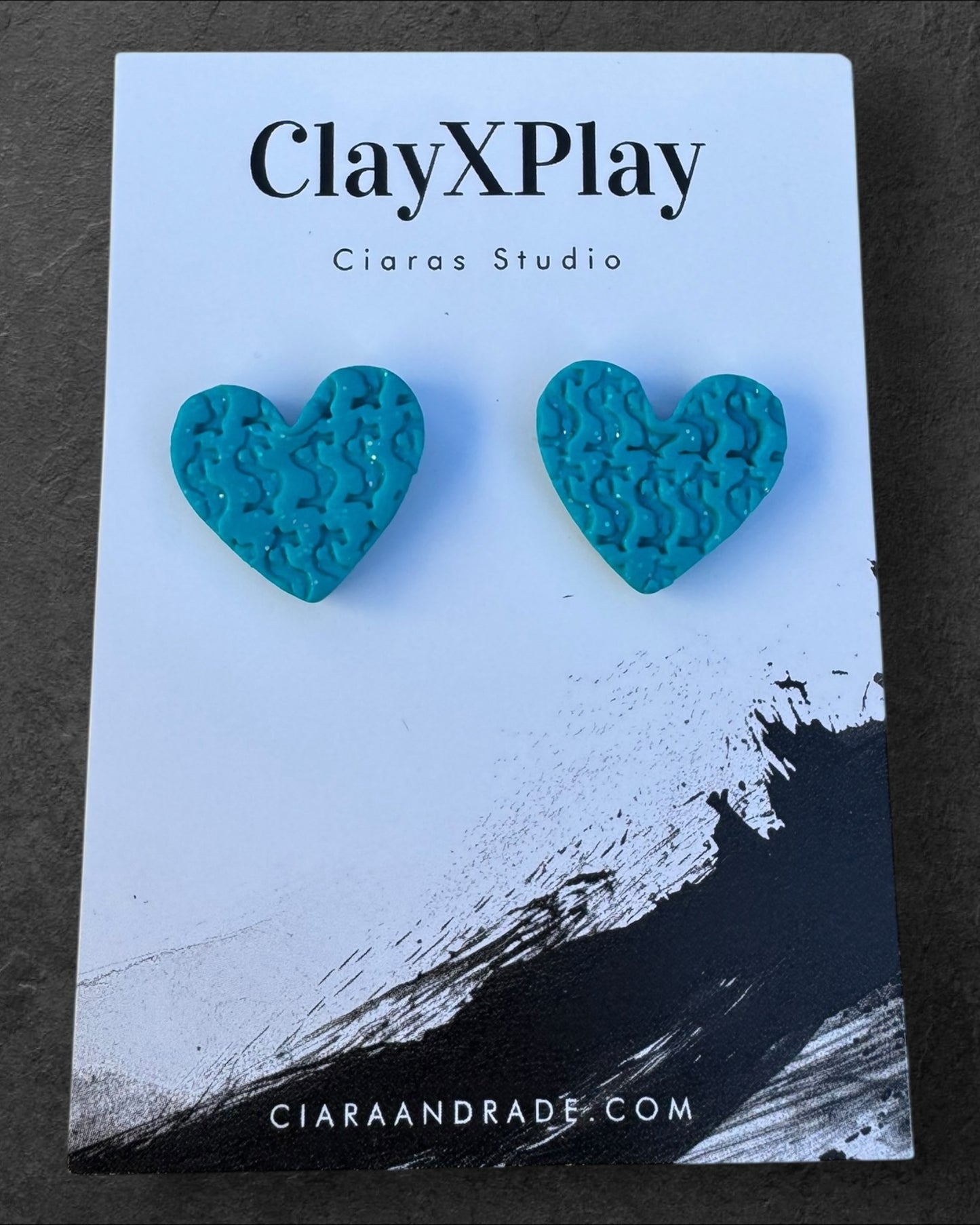 Money Magic Medium Blue Polymer Clay Heart Stud Earrings  Handmade