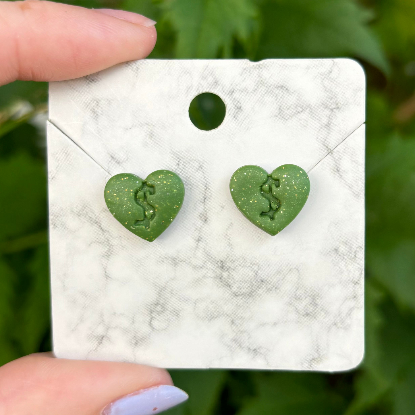 Money Magic Green Small Polymer Clay Heart Stud Earrings Handmade