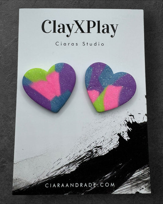 Multi Color‎ Purple Green Blue XL Heart Clay Stud Earrings Handmade Handcrafted