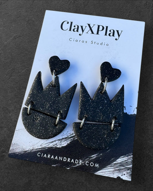 Queen of Heart XL Black Polymer Clay Dangle Earrings Handmade