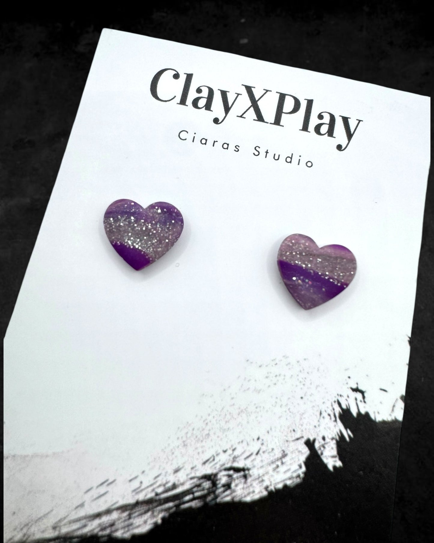 Purple & Silver Small Heart Polymer Clay Stud Earrings Handmade