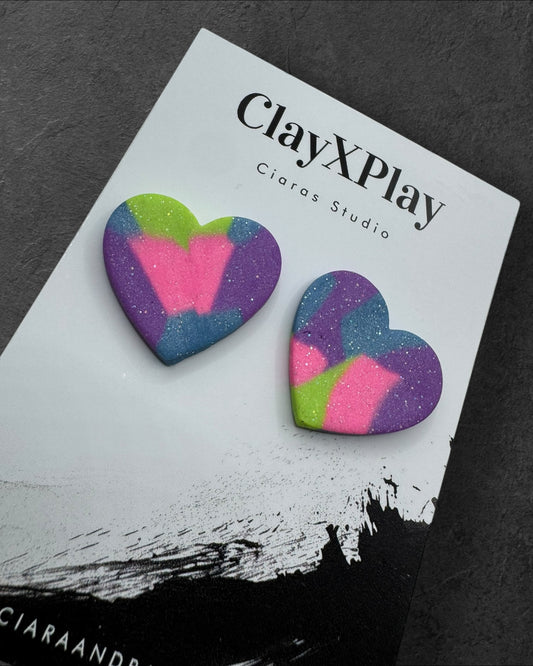 Multi Color‎ Purple Green Blue XL Heart Clay Stud Earrings Handmade Handcrafted