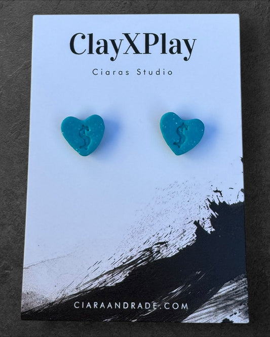 Money Magic Blue Small Polymer Clay Heart Stud Earrings Handmade