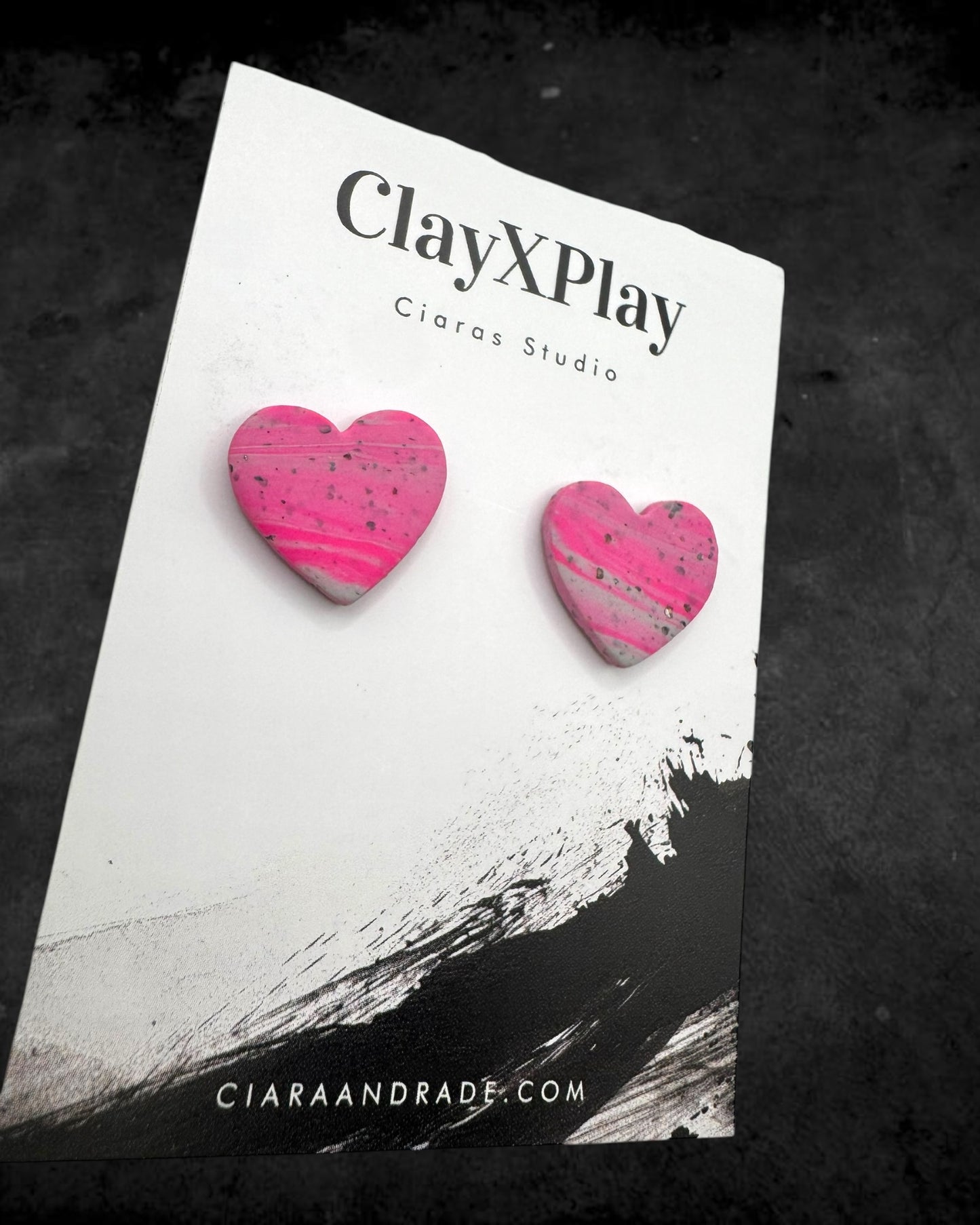 Pink & Gray Medium Polymer Clay Heart Studs Handmade