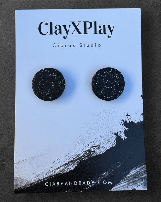 Black Glitter Medium Polymer Clay Round Stud Earrings