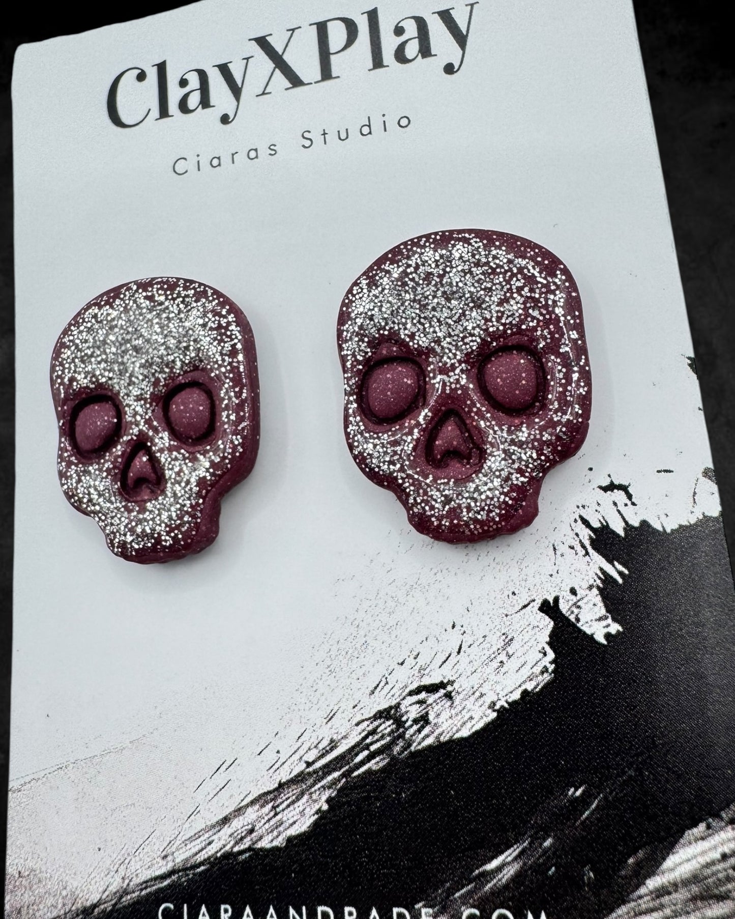Silver Glitter Red Skull XL Polymer Clay Stud Earrings Handmade
