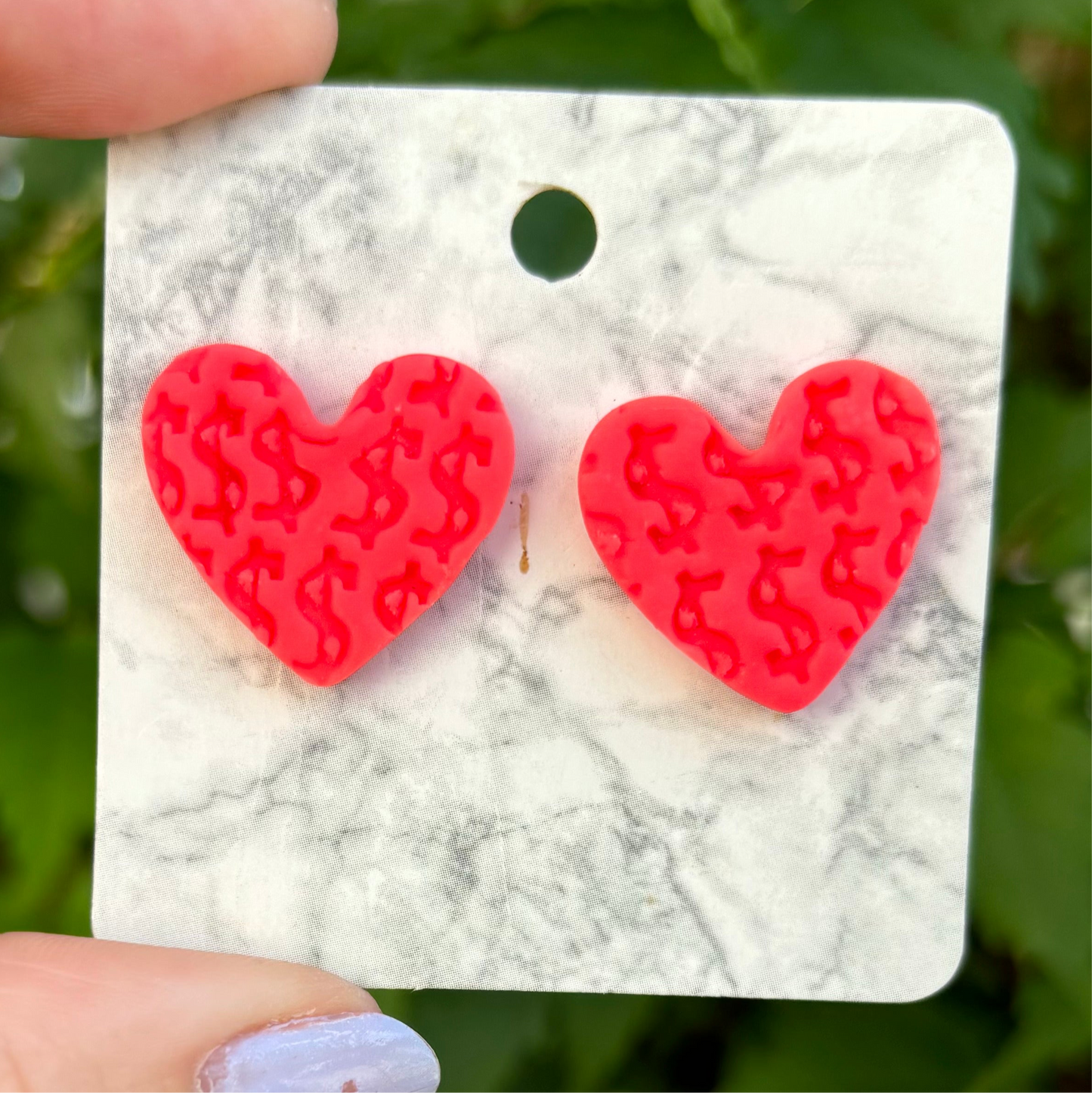 Money Magic Hot Pink Medium Polymer Clay Heart Stud Earrings Handmade