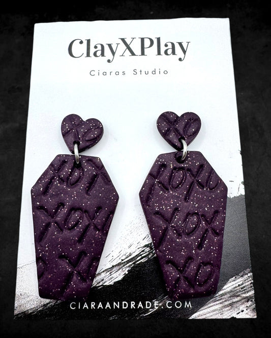 Till Death Do Us Part XOXO Purple Polymer Clay Heart Coffin Stud Earrings Handmade