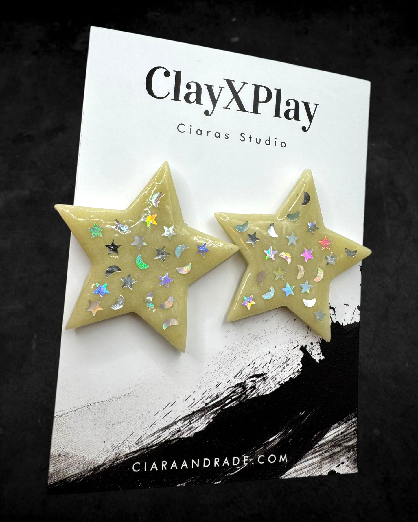 Star Glow In The Dark Starry Night Yellow Polymer Clay Stud Earrings Handmade