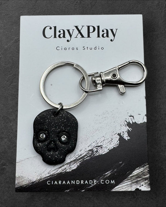 Diamond Eyes Skull Black Polymer Clay Keychain Handmade