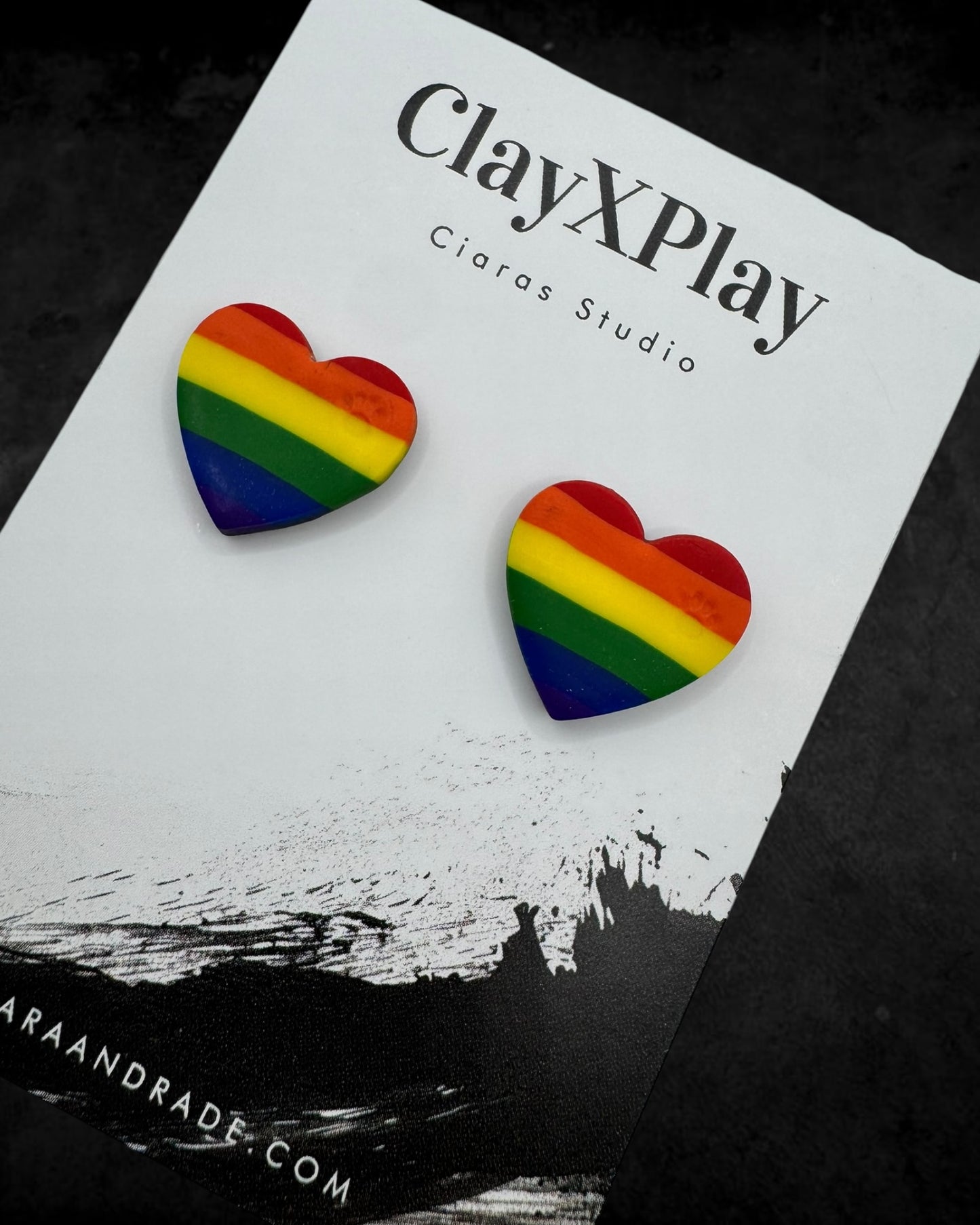 Rainbow Medium Polymer Clay Heart Stud Earrings Handmade