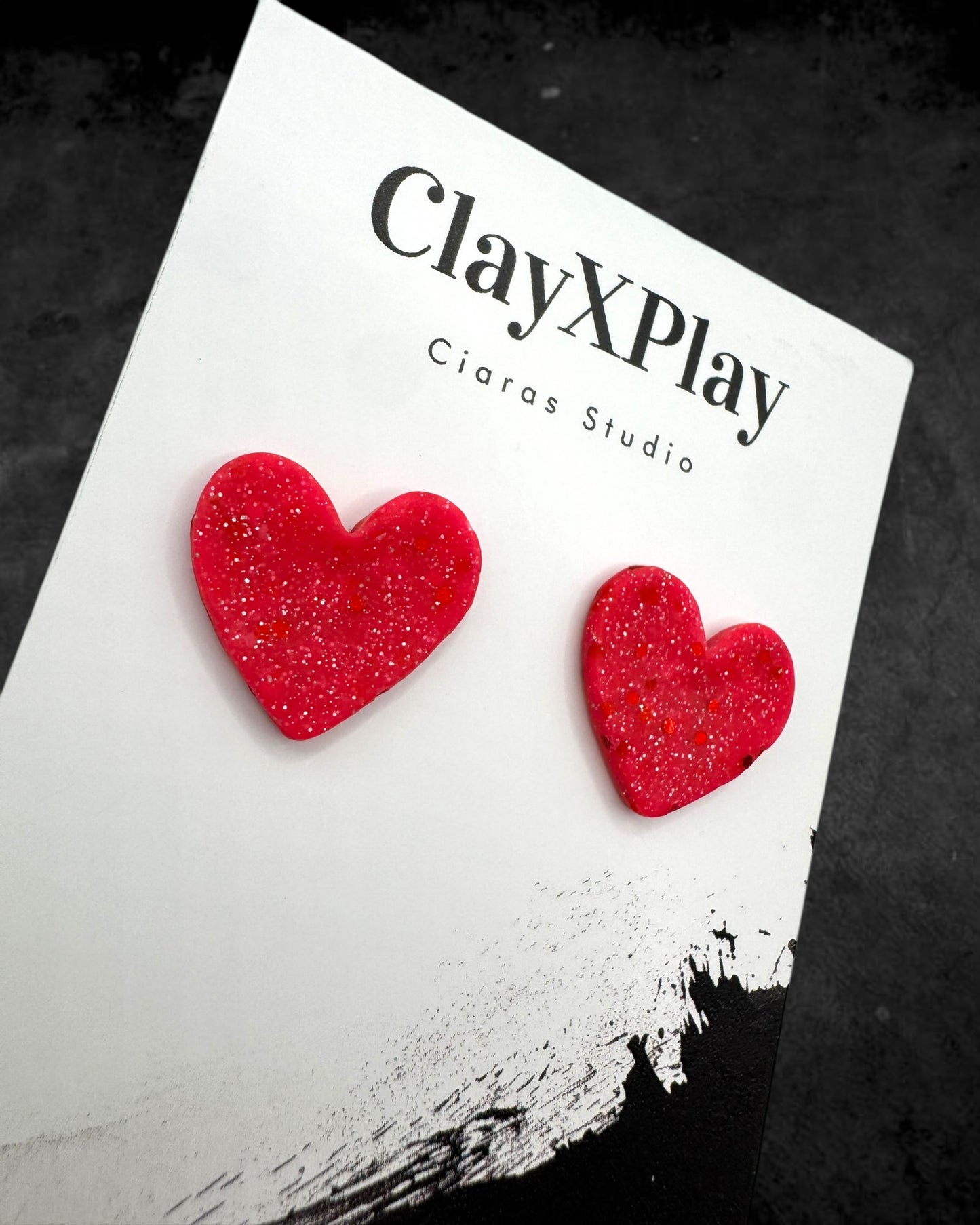 Pink & Red Glitter Medium Polymer Clay Heart Studs Handmade