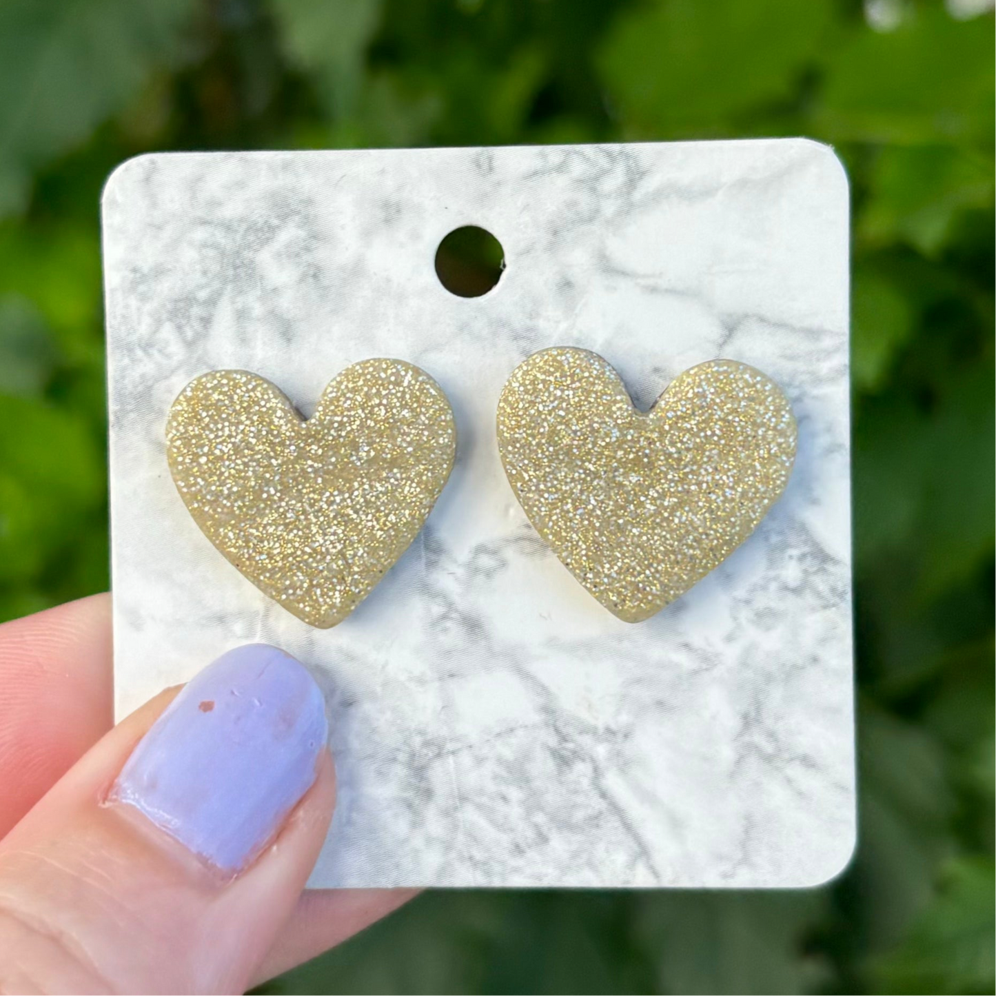 Gold Glitter Polymer Clay Medium Heart Stud Earrings – Handmade Elegance