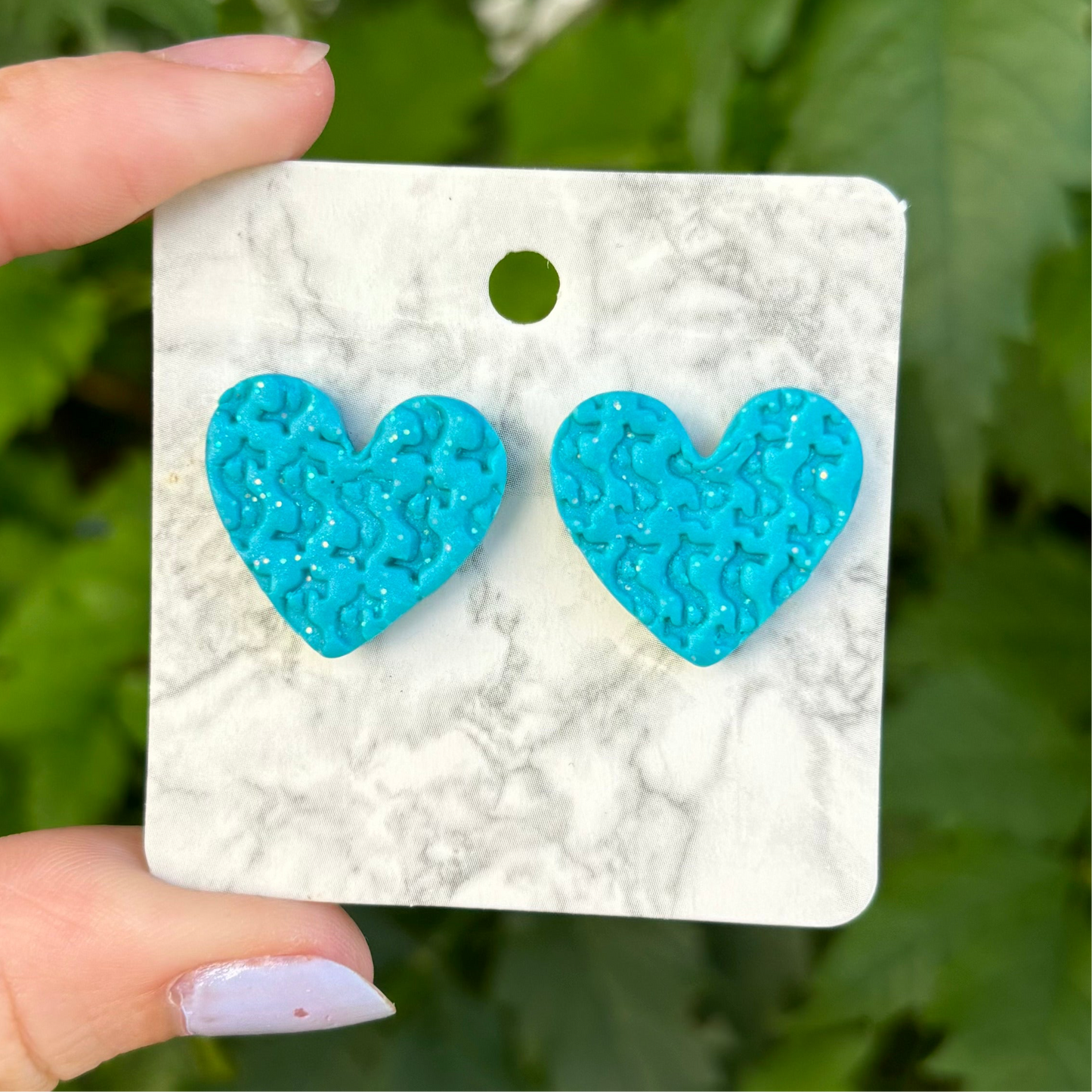 Money Magic Medium Blue Polymer Clay Heart Stud Earrings  Handmade