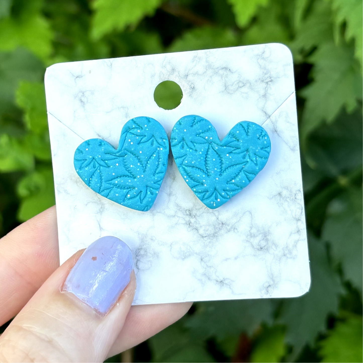 Medicated 420 Medium Blue Polymer Clay Heart Stud Earrings Handmade