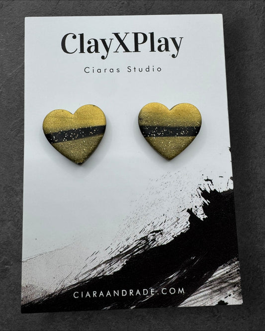 Black & Gold Polymer Clay Heart Stud Earrings Medium Handmade