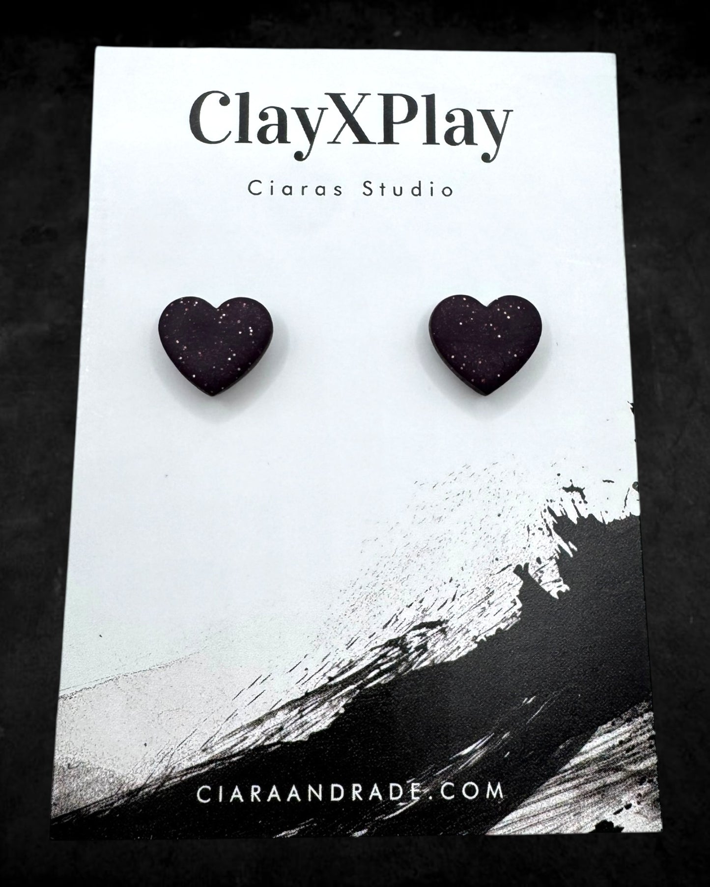 Dark Purple Small Heart Polymer Clay Stud Earrings Handmade