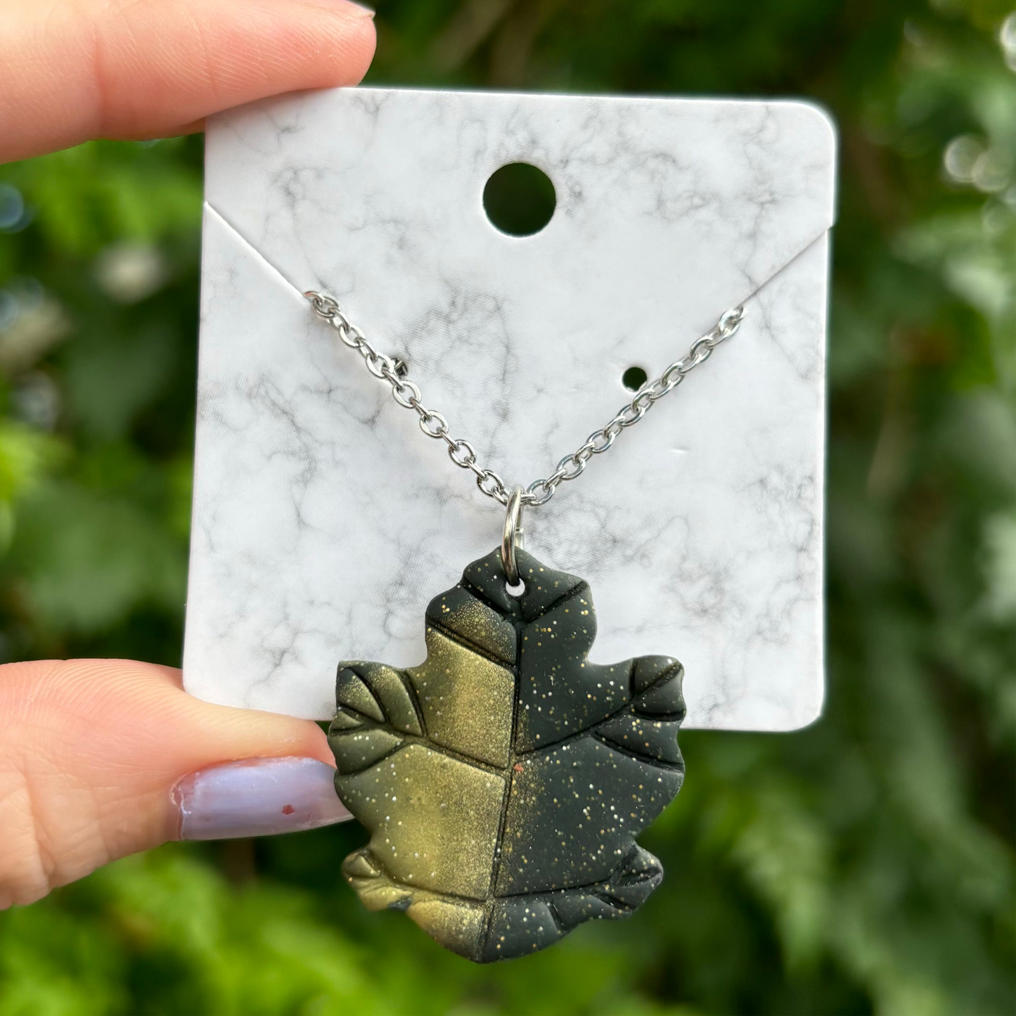 Green & Gold Polymer Clay Leaf Stainless Steel Necklace – XL Pendant Handmade