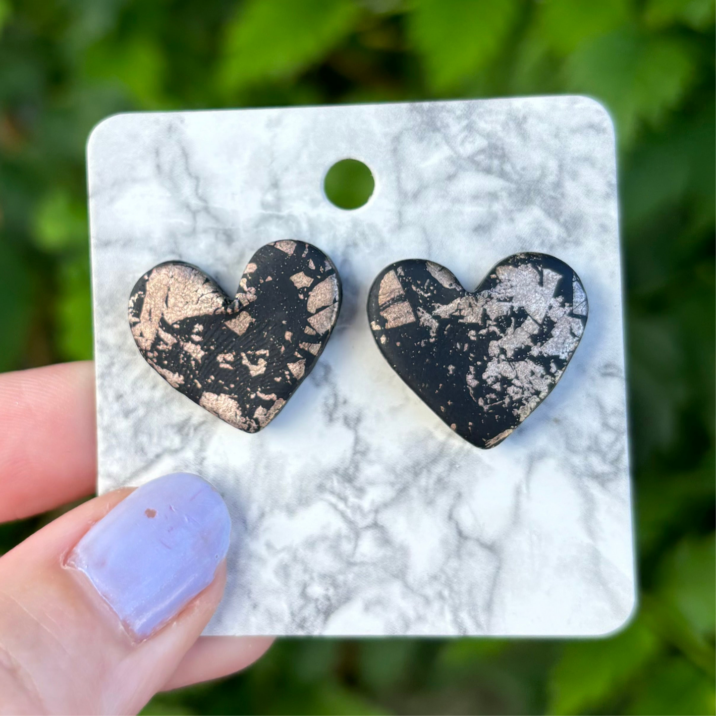 Black & Sterling Silver Medium Polymer Clay Heart Stud Earrings Handmade