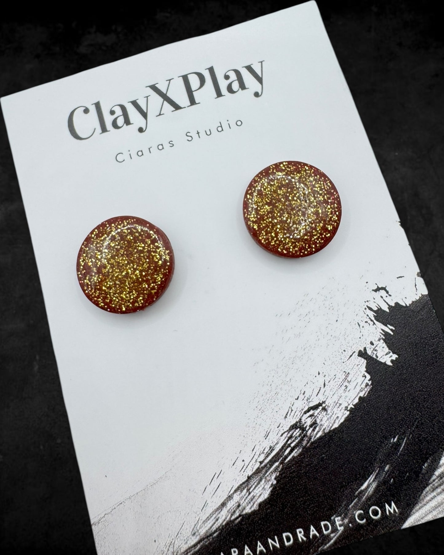 Red Gold Glitter Large Round Polymer Clay Stud Earrings Handmade