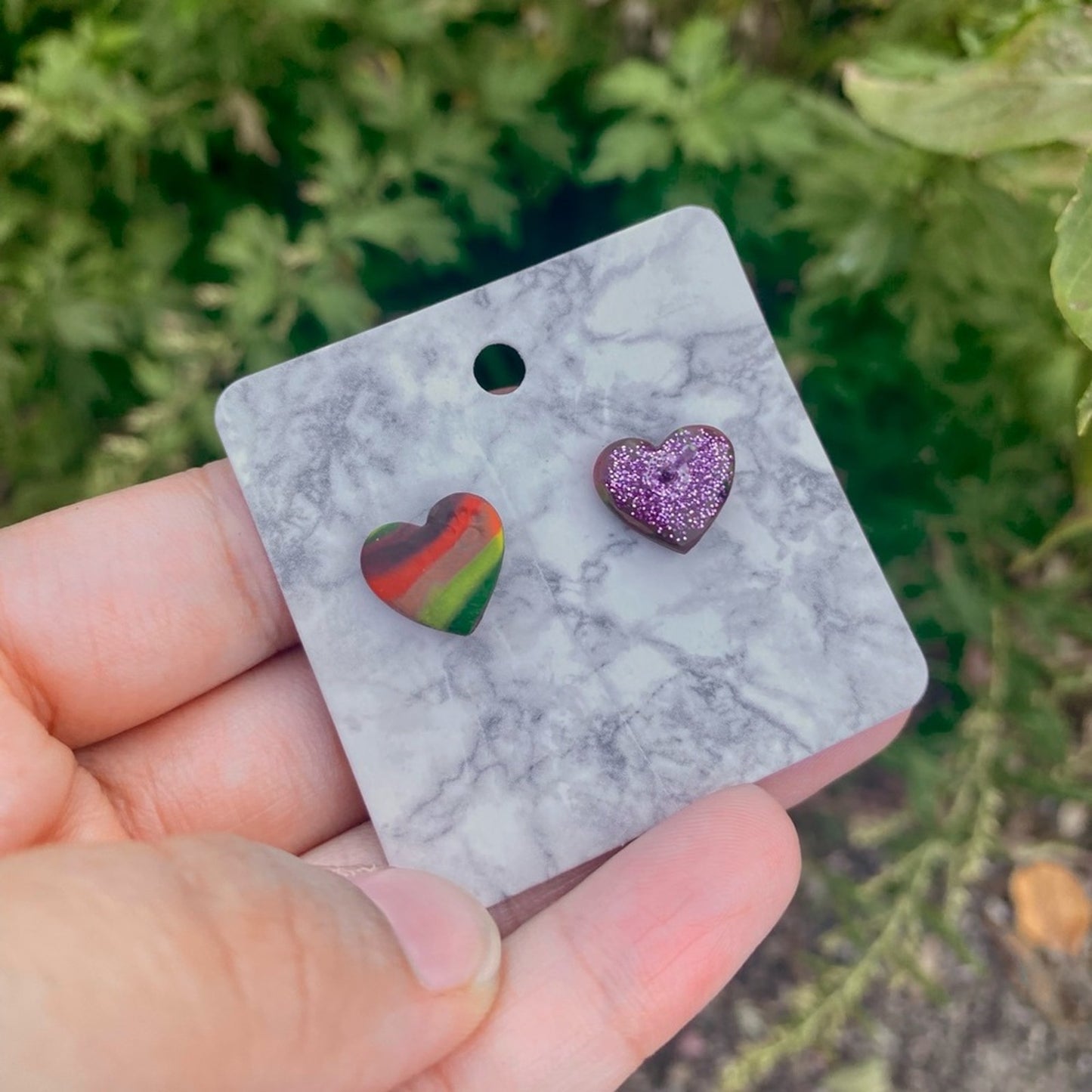 Rainbow Small Polymer Clay Heart Stud Paw Print  Earrings Handmade