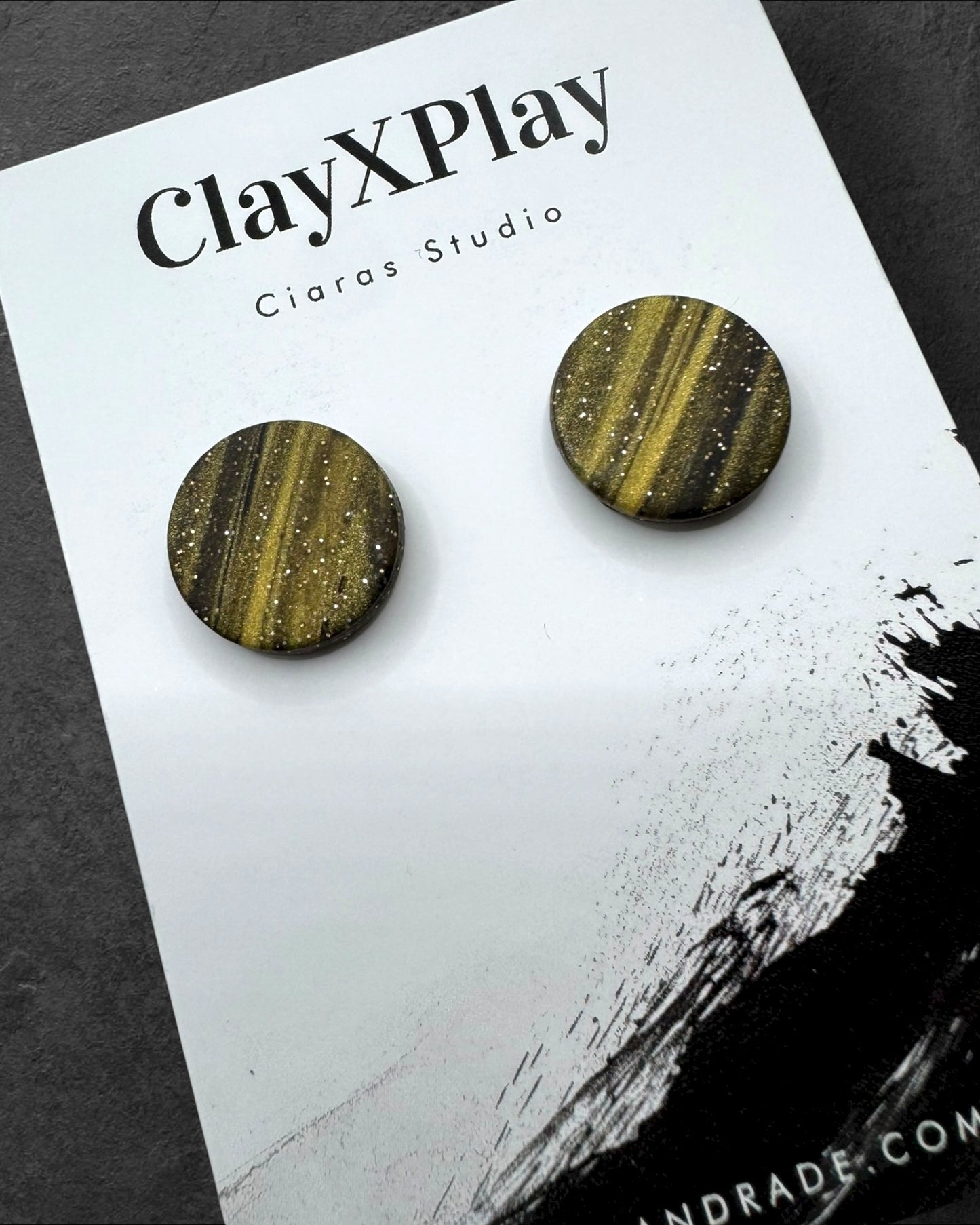 Gold & Black Striped Glitter Medium Polymer Clay Round Stud Earrings