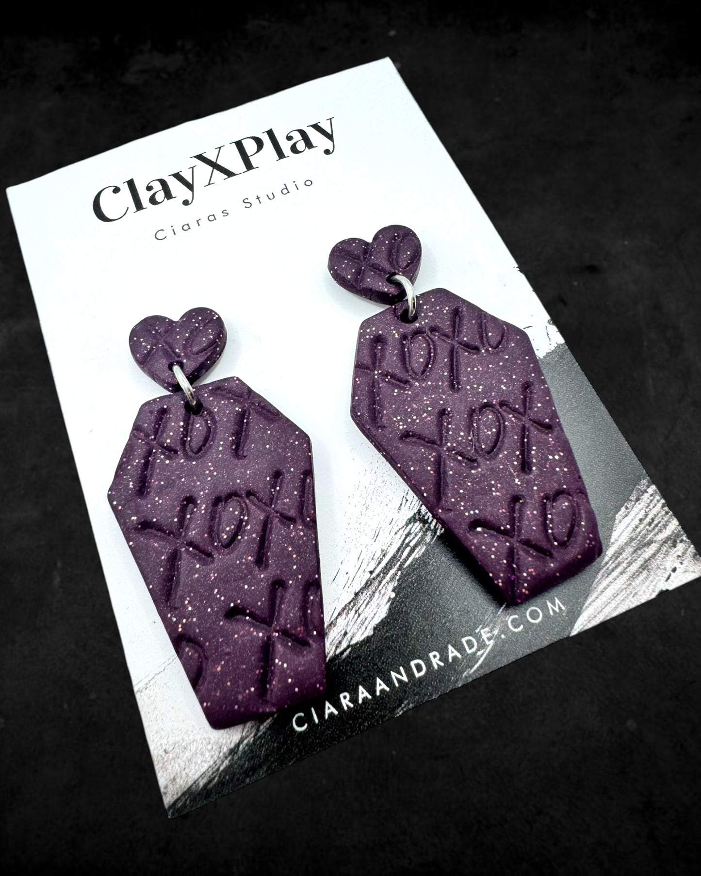 Till Death Do Us Part XOXO Purple Polymer Clay Heart Coffin Stud Earrings Handmade
