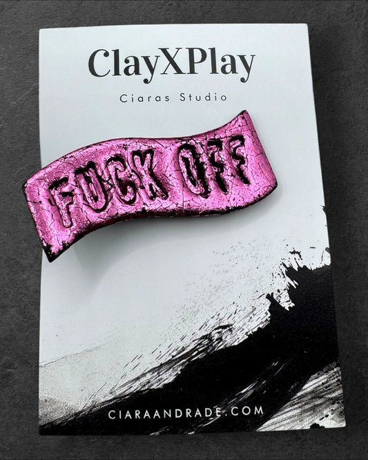 Fuck Off Pink Foil Polymer Clay Curved Hair Clip Handmade Hair Accessory