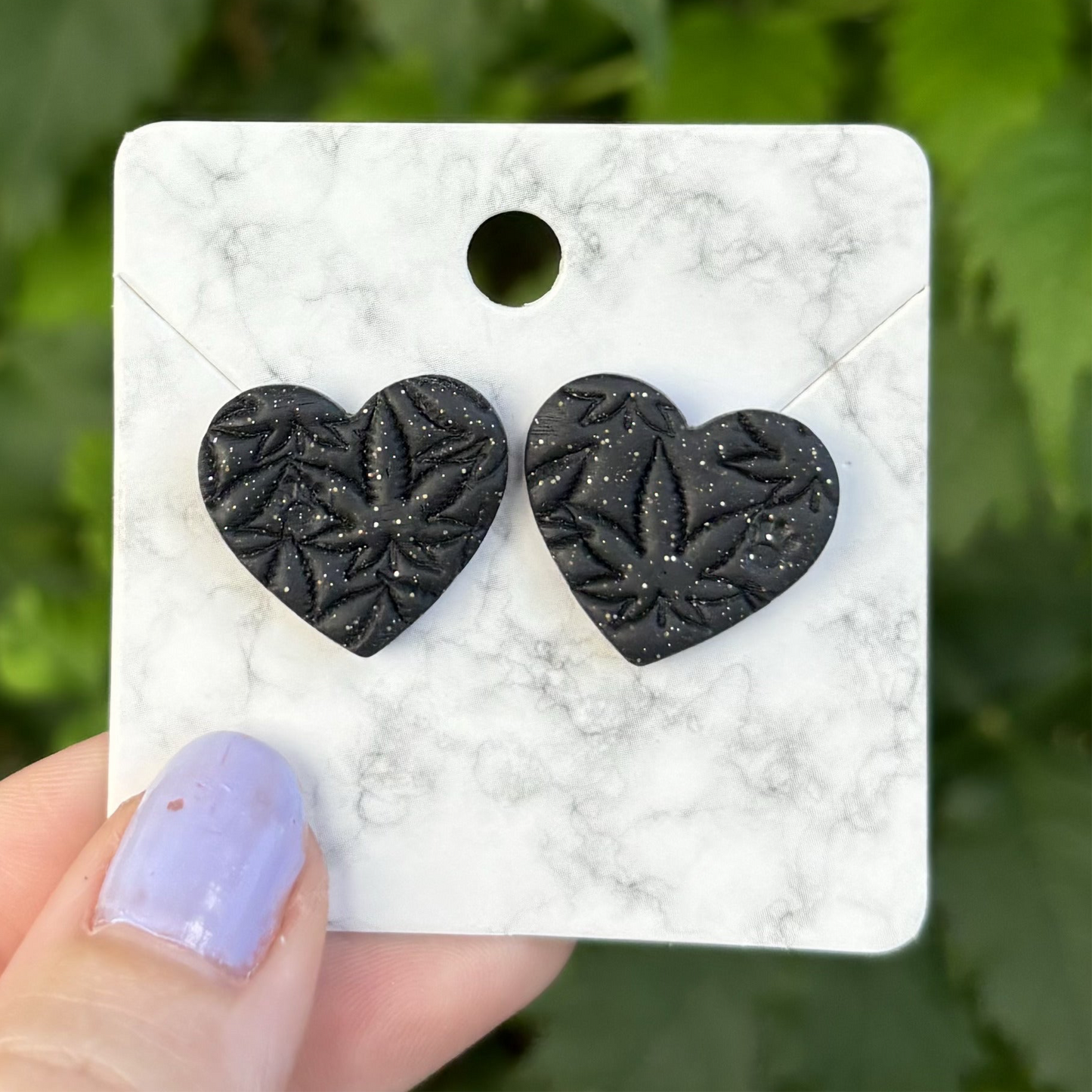 Medicated 420 Medium Black Polymer Clay Heart Stud Earrings Handmade