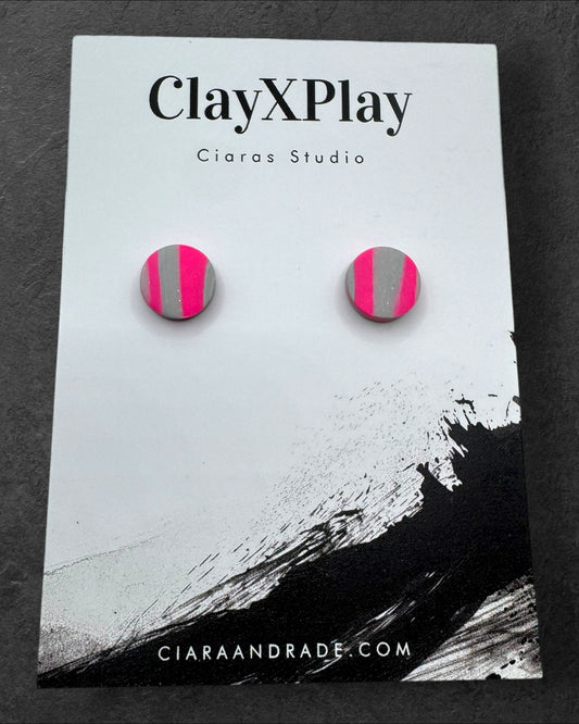 Pink & Gray Mini Round Polymer Clay Stud Earrings Handmade