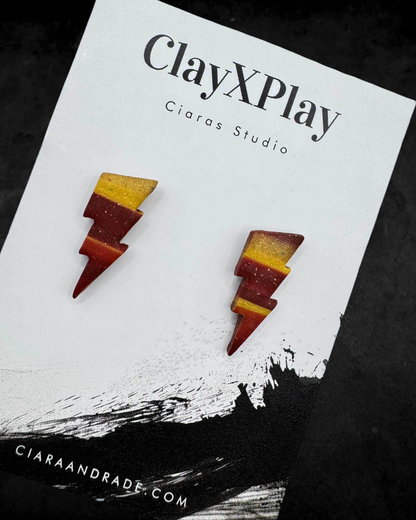 Lightning Bolt Red & Yellow Small Polymer Clay Stud Earrings Handmade